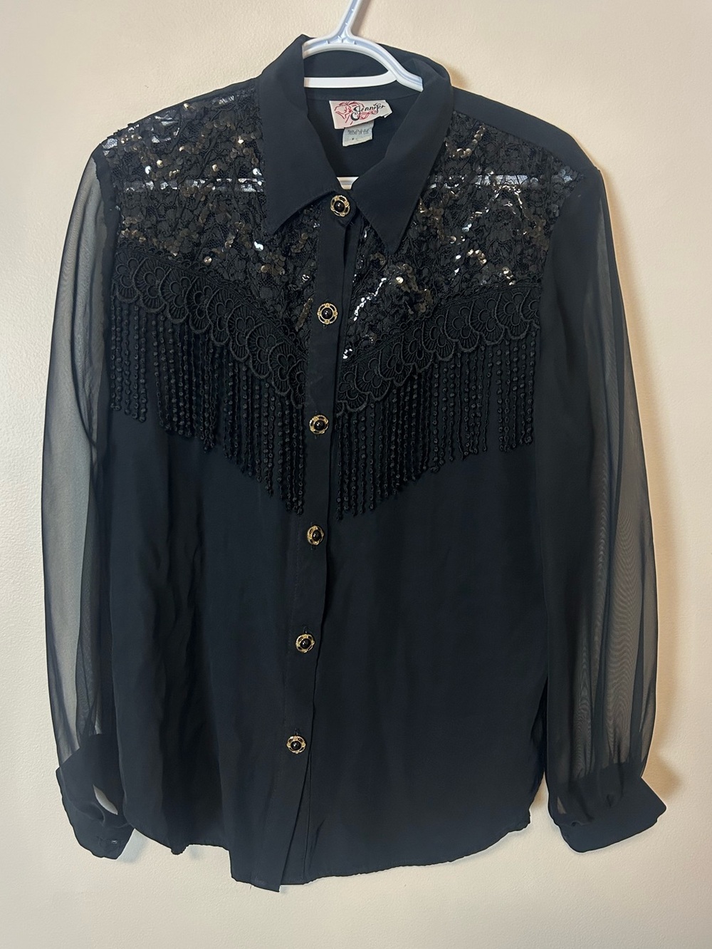 Vintage Jennie Black Sequin Fringe Blouse Sheer Sleeves Goth Western Size Large